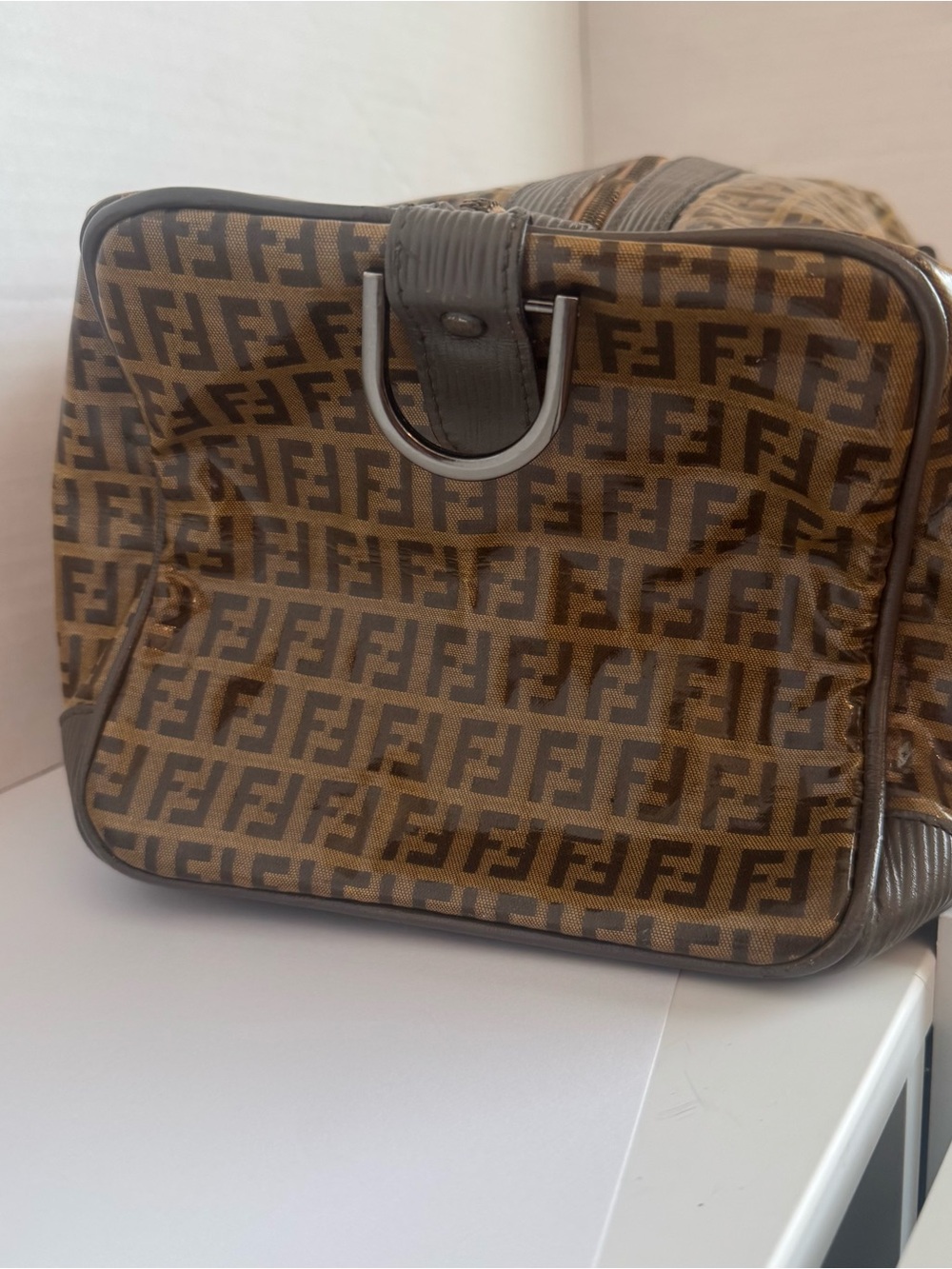 SOLD: Authentic Fendi Zucca Boston Bag Purse Brown FF Monogram Canvas Duffle - Picture 8 of 15